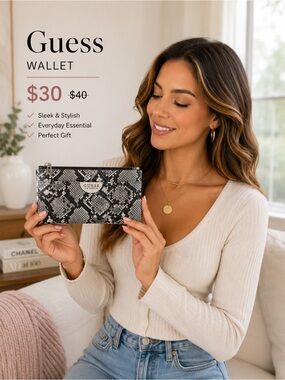 🩷. 348. GUESS Snakeskin Print Zip Clutch Wallet – Gray & Black Faux Leather Wris